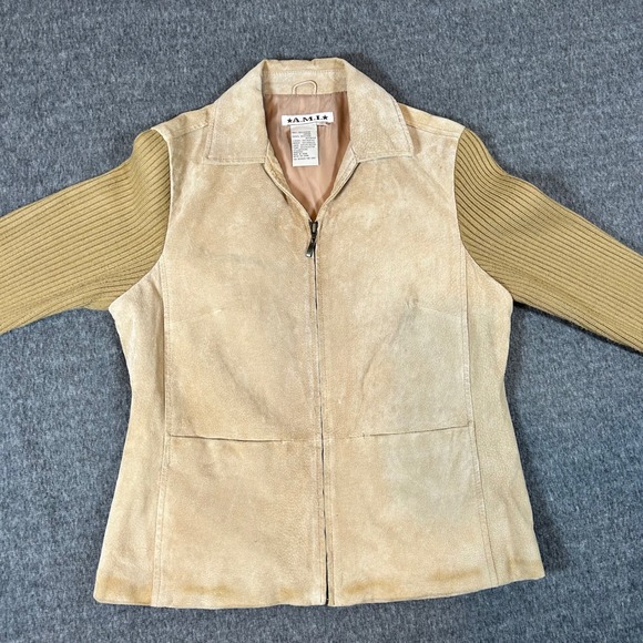 A.M.I. Suede Leather Jacket Knit Sleeve Zip Front Tan Beige Womens Size‎ Medium - Picture 1 of 11